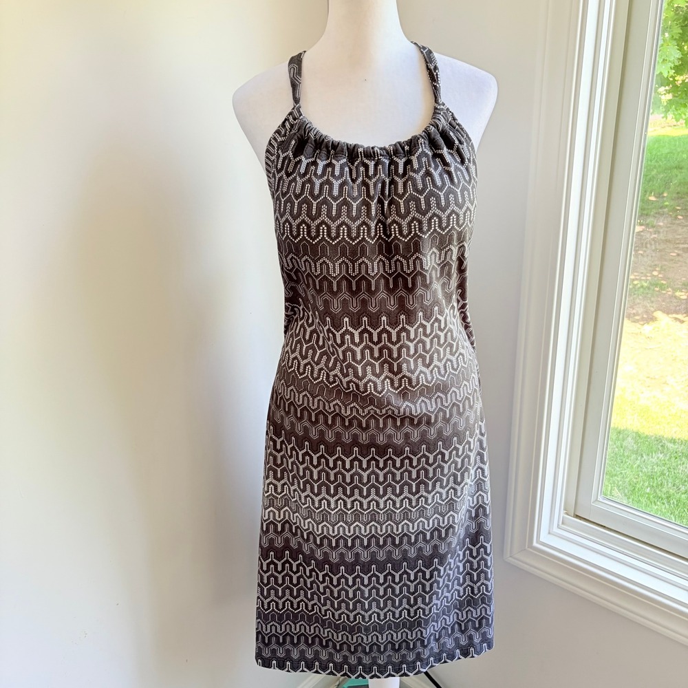 Prana Halter Dress XL Boho Geometric Brown White Racerback Stretch Sundress